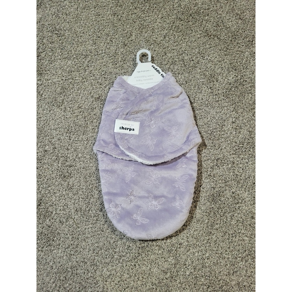 Newborn Baby Swaddle Wrap Purple Soft Plush Butterfly Reversible To Soft Sherpa